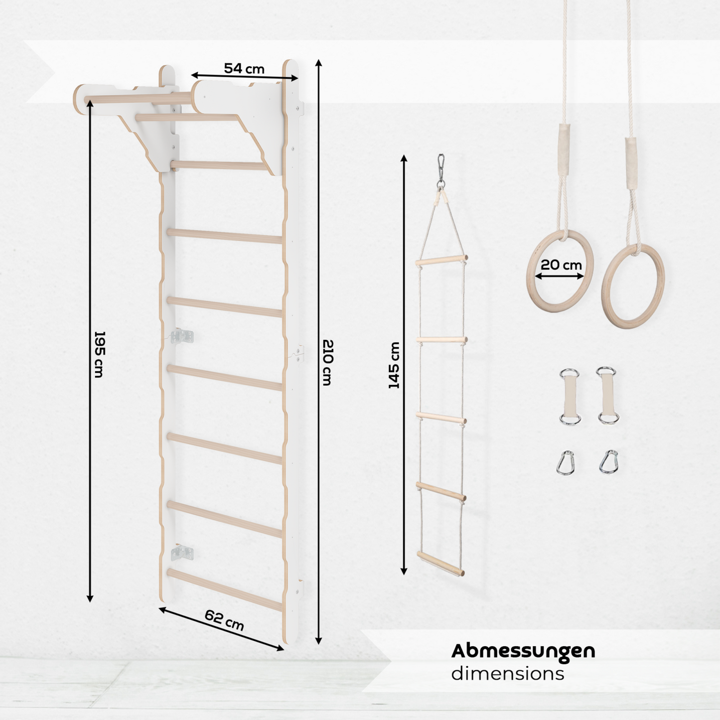 MAMOI® Gymnastik-Sprossenwand für Kinder (210 cm) | Wandmontierte Holzleiter | Kletterleiter für Kinder | Turnringe | Schutzmatte | Kletterseil | 100% ECO | Hergestellt in der EU-1
