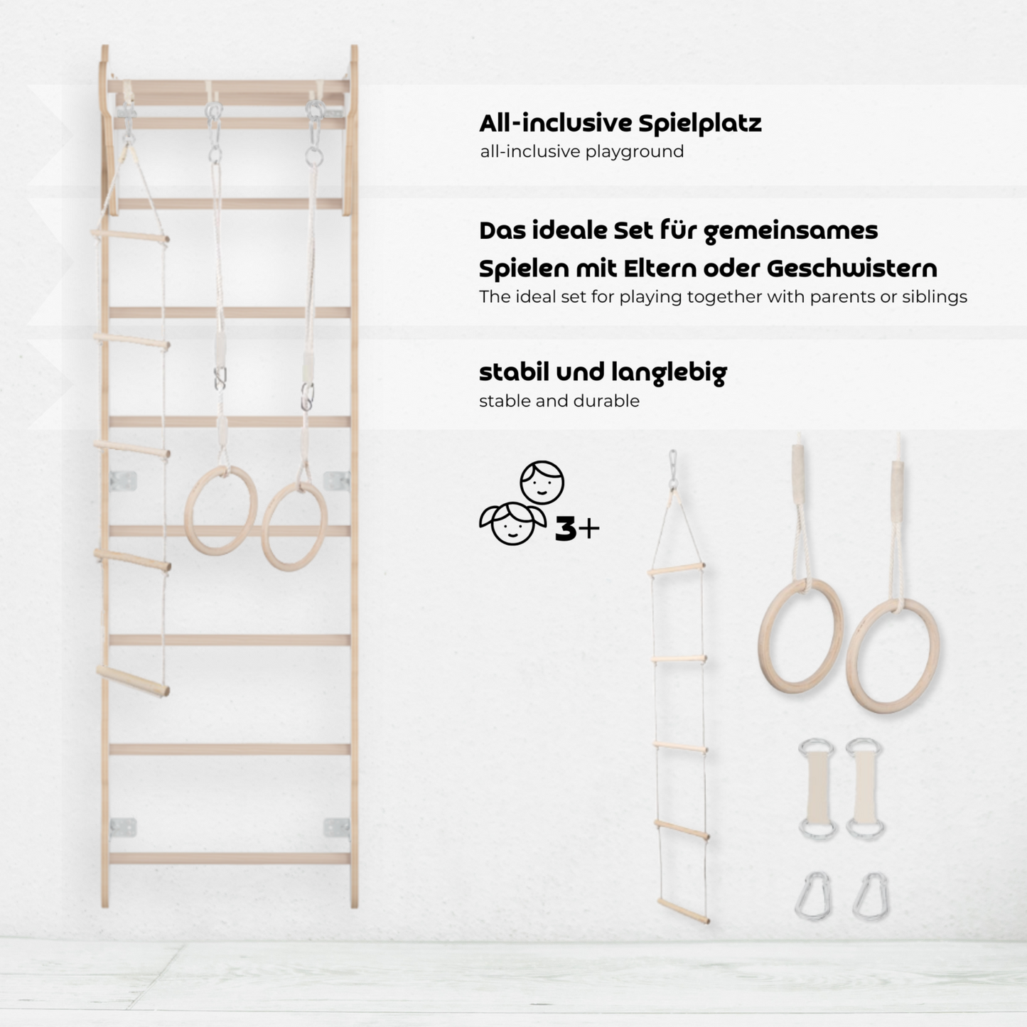 MAMOI® Gymnastik-Sprossenwand für Kinder (210 cm) | Wandmontierte Holzleiter | Kletterleiter für Kinder | Turnringe | Schutzmatte | Kletterseil | 100% ECO | Hergestellt in der EU-2