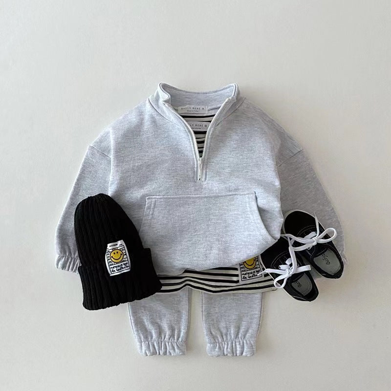 version of children's wear boys and girls autumn leisure half zipper hoodie children baby two-piece set