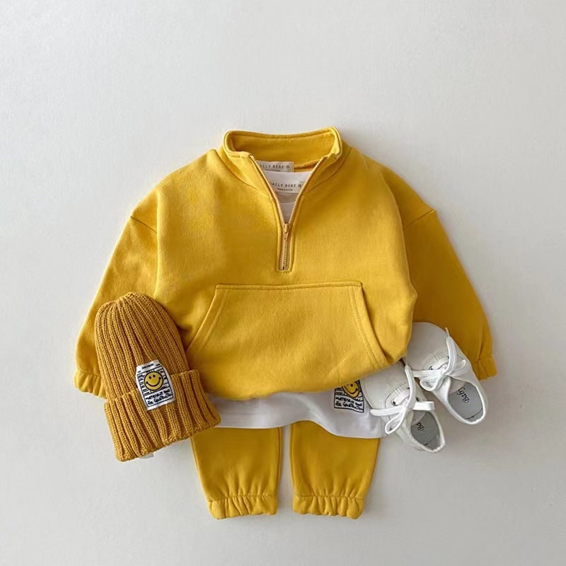 version of children's wear boys and girls autumn leisure half zipper hoodie children baby two-piece set