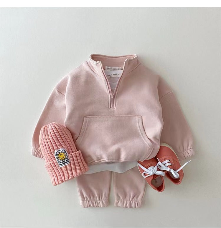 version of children's wear boys and girls autumn leisure half zipper hoodie children baby two-piece set