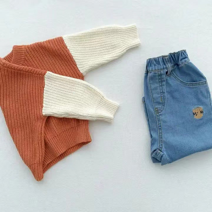 Autumn Winter Newborn Baby Boys Girls Warm Sweaters Long Sleeve Round Neck Contrast Color Loose Knitwears Sweaters Tops Clothes
