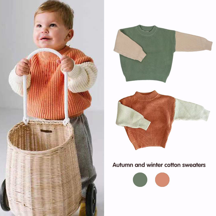 Autumn Winter Newborn Baby Boys Girls Warm Sweaters Long Sleeve Round Neck Contrast Color Loose Knitwears Sweaters Tops Clothes