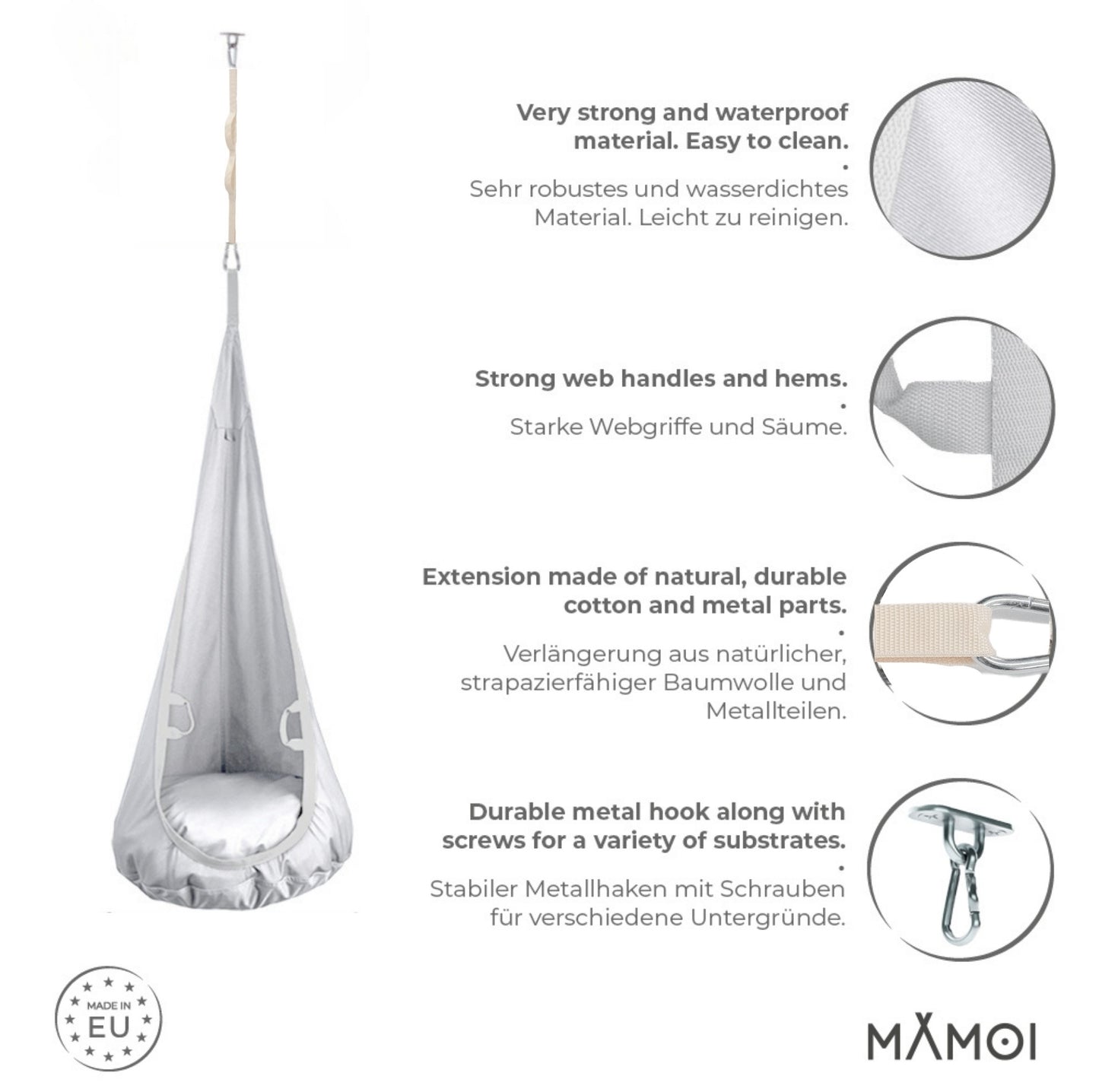 MAMOI® Hängesessel für kinder, Schaukel für kinderzimmer, Hängehöhle, Hängeschaukel, Sensory swing, Schaukeltuch indoor, Hängesack, Tuchschaukel, Babyschaukel, Hängetuch-2