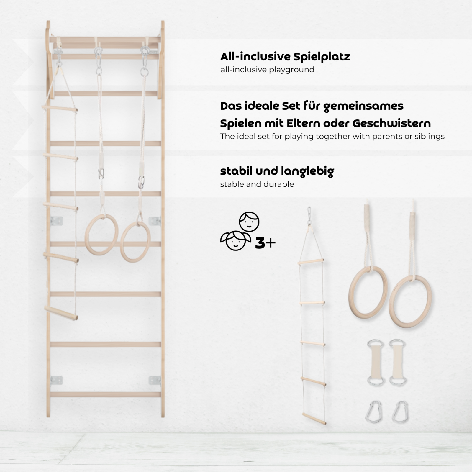 MAMOI® Gymnastik-Sprossenwand für Kinder (210 cm) | Wandmontierte Holzleiter | Kletterleiter für Kinder | Turnringe | Schutzmatte | Kletterseil | 100% ECO | Hergestellt in der EU-2