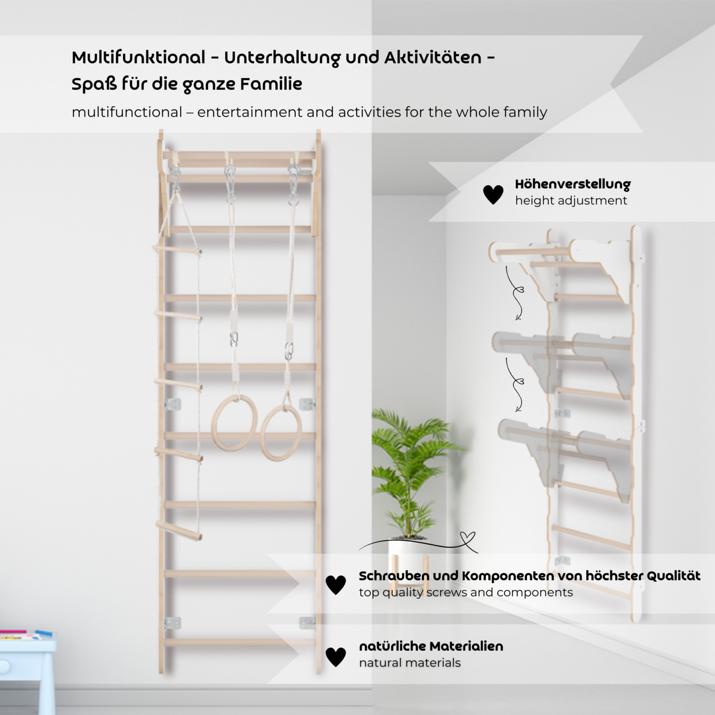 MAMOI® Gymnastik-Sprossenwand für Kinder (210 cm) | Wandmontierte Holzleiter | Kletterleiter für Kinder | Turnringe | Schutzmatte | Kletterseil | 100% ECO | Hergestellt in der EU-3