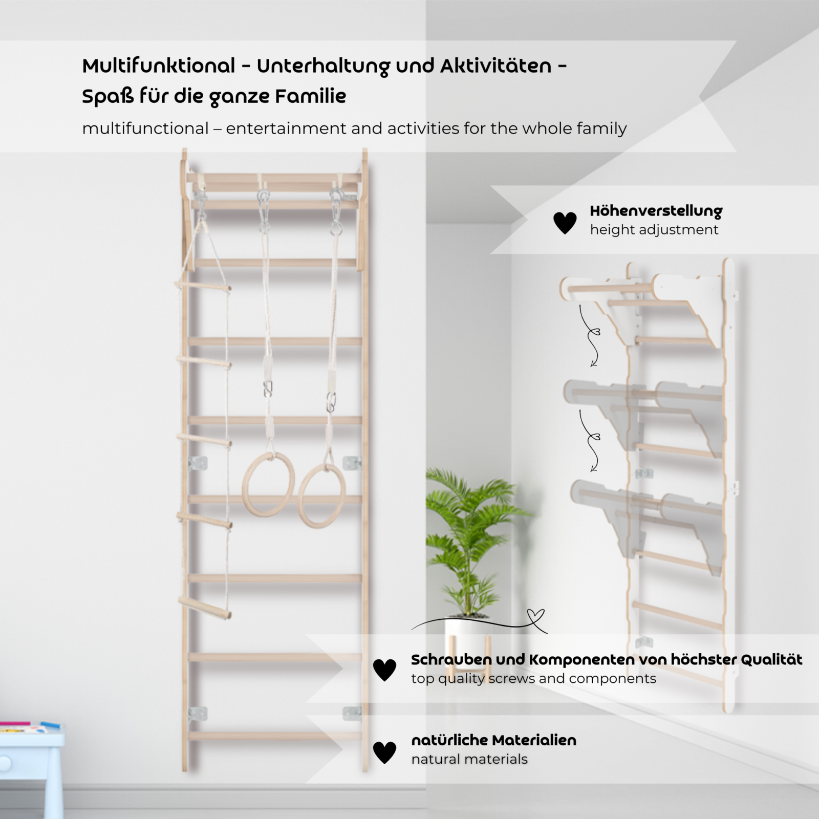 MAMOI® Gymnastik-Sprossenwand für Kinder (210 cm) | Wandmontierte Holzleiter | Kletterleiter für Kinder | Turnringe | Schutzmatte | Kletterseil | 100% ECO | Hergestellt in der EU-3