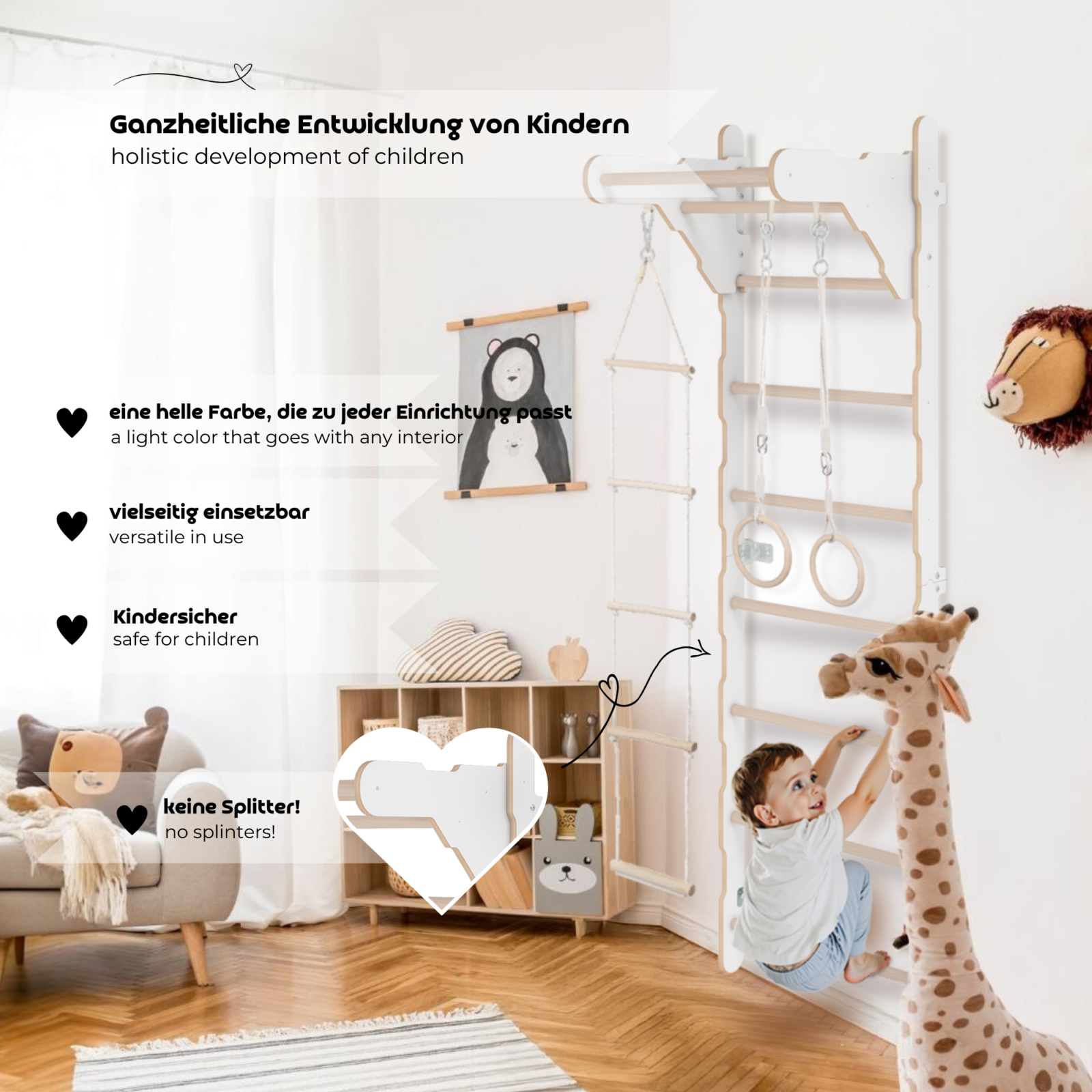 MAMOI® Gymnastik-Sprossenwand für Kinder (210 cm) | Wandmontierte Holzleiter | Kletterleiter für Kinder | Turnringe | Schutzmatte | Kletterseil | 100% ECO | Hergestellt in der EU-4