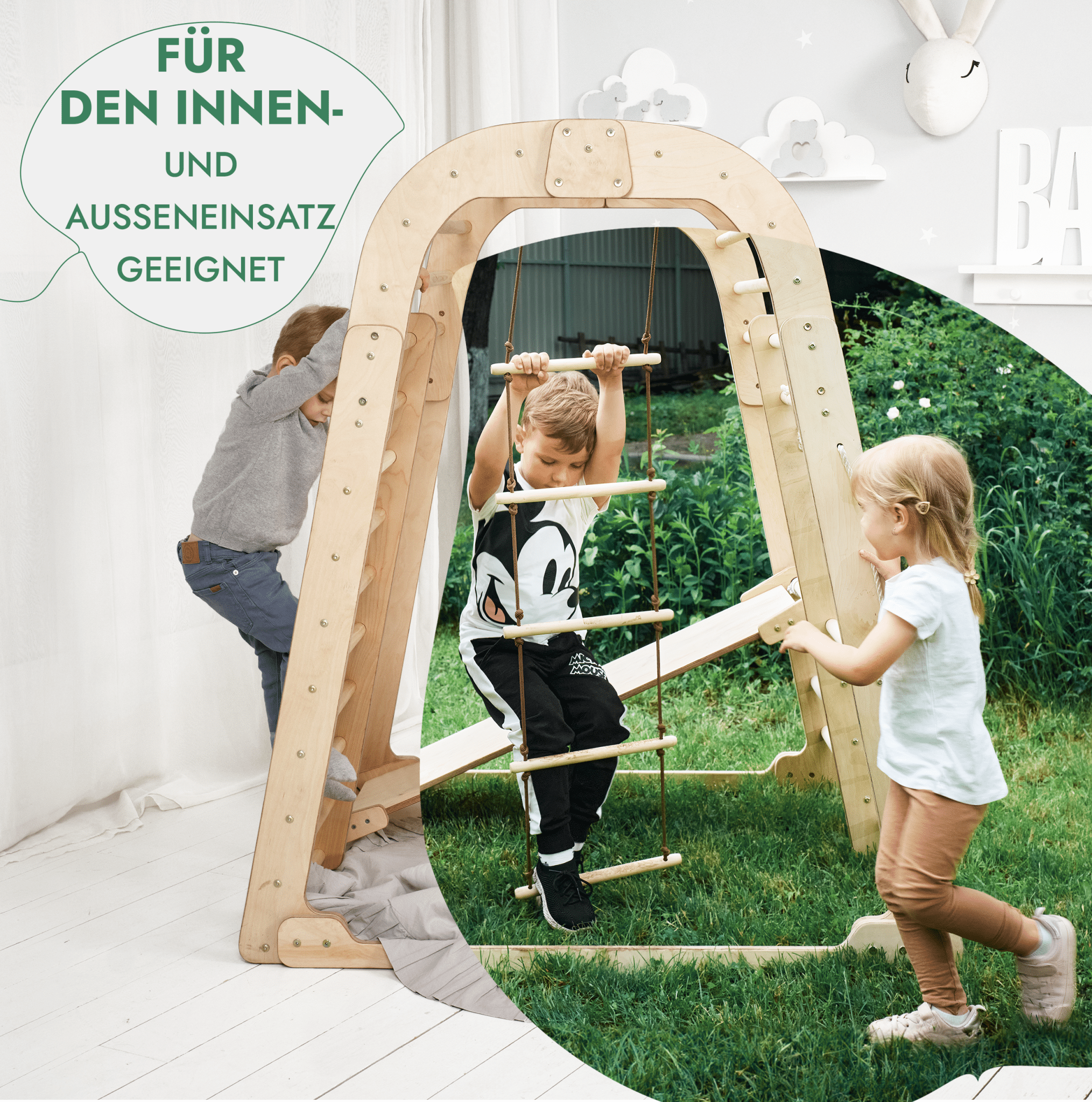 6in1 Indoor Spielplatz für Kinder: Klettergerüst mit Kletternetz, Rutsche, Gymnastikringe, Hängende Leiter und Disc-Schaukel – Beige
