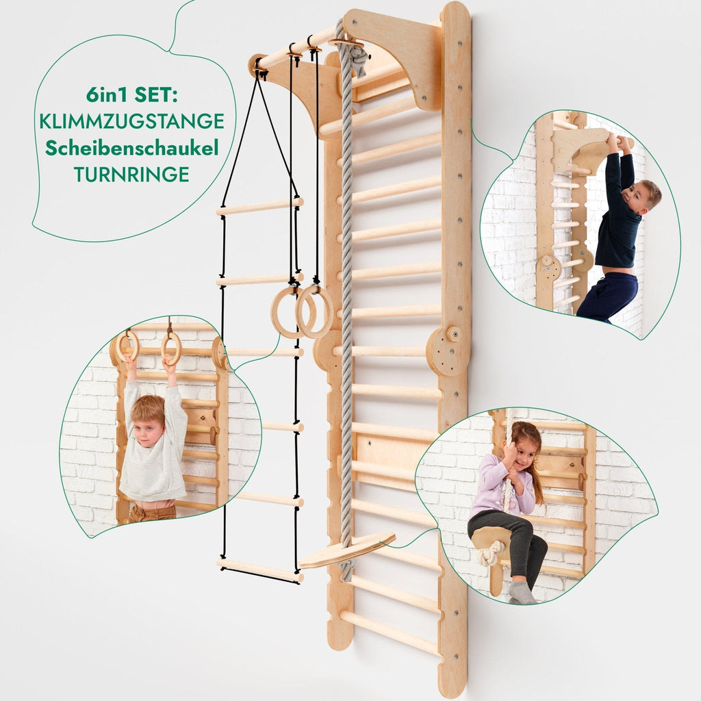 6in1 Kletterwand Indoor: Sprossenwand, Gymnastikringe, Hängende Leiter, Disc-Schaukel, Rutsche und Klimmzugstange für Kinder