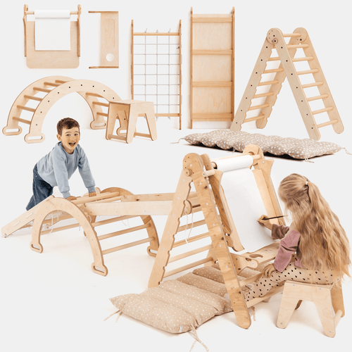7in1 Montessori Klettergerüst Set: Kletterdreieck, Kletterbogen mit Kissen, Rutsche, Kletternetz, Maltafel und Kinderstuhl, für Kinder 1-7 Jahre – Beige - Kuschelkind