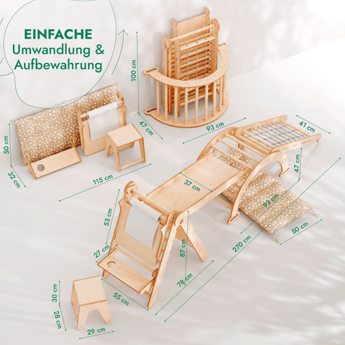 7in1 Montessori Klettergerüst Set: Kletterdreieck, Kletterbogen mit Kissen, Rutsche, Kletternetz, Maltafel und Kinderstuhl, für Kinder 1-7 Jahre – Beige - Kuschelkind