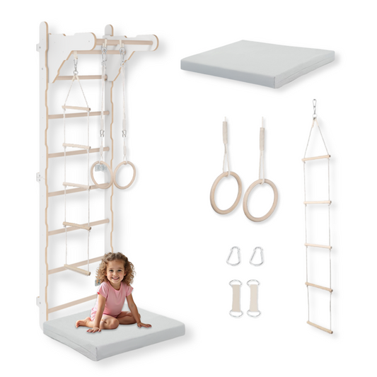 MAMOI® Gymnastik-Sprossenwand für Kinder (210 cm) | Wandmontierte Holzleiter | Kletterleiter für Kinder | Turnringe | Schutzmatte | Kletterseil | 100% ECO | Hergestellt in der EU-0