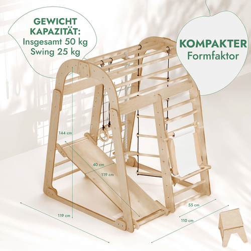 8in1 Indoor Spielplatz: Klettergerüst mit Kletternetz, Rutsche, Gymnastikringe, Hängende Leiter, Disc-Schaukel, Maltafel und Kinderstuhl – Beige - Kuschelkind