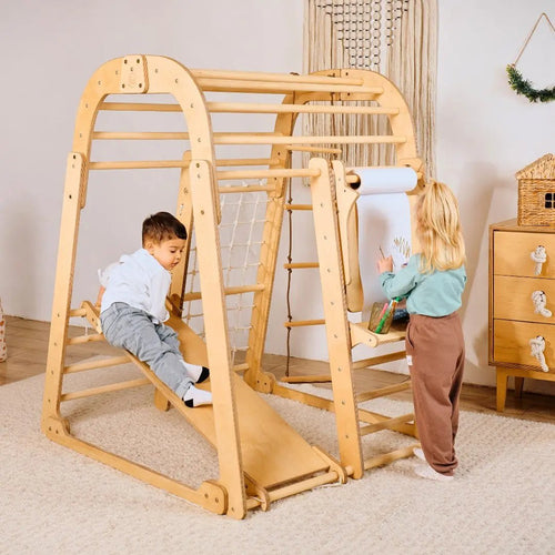 8in1 Indoor Spielplatz: Klettergerüst mit Kletternetz, Rutsche, Gymnastikringe, Hängende Leiter, Disc-Schaukel, Maltafel und Kinderstuhl – Beige - Kuschelkind