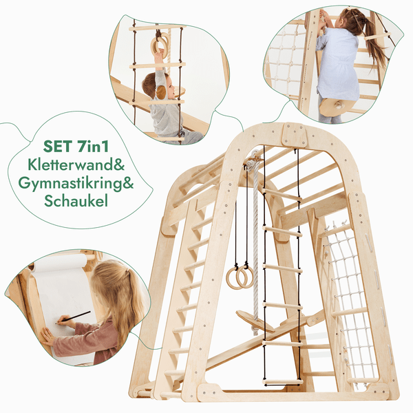 8in1 Indoor Spielplatz: Klettergerüst mit Kletternetz, Rutsche, Gymnastikringe, Hängende Leiter, Disc-Schaukel, Maltafel und Kinderstuhl – Beige