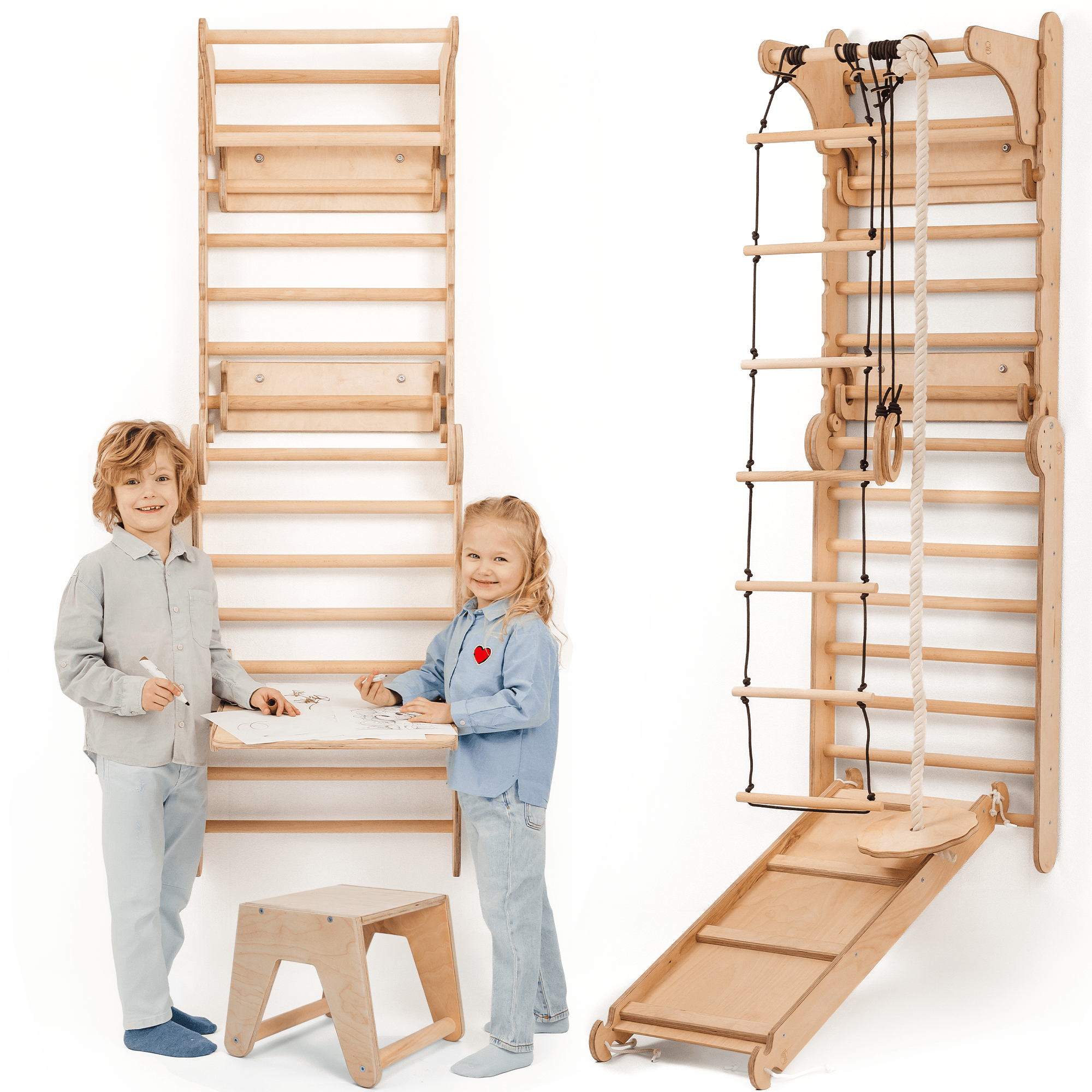 8in1 Kletterwand Indoor: Sprossenwand, Gymnastikringe, Hängende Leiter, Disc-Schaukel, Rutsche, Klimmzugstange, Maltafel und Kinderstuhl für Kinder – Beige