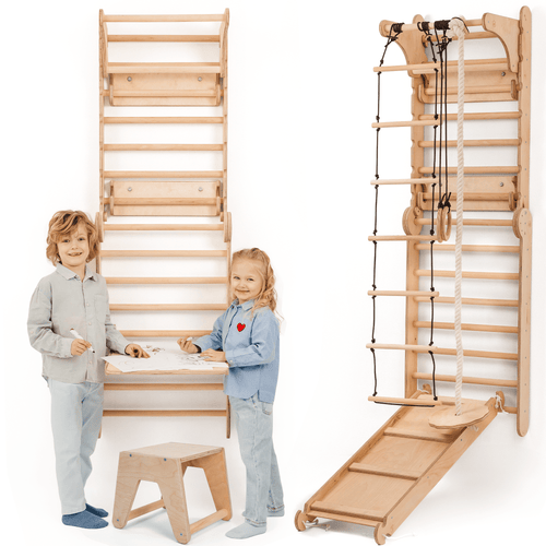 8in1 Kletterwand Indoor: Sprossenwand, Gymnastikringe, Hängende Leiter, Disc-Schaukel, Rutsche, Klimmzugstange, Maltafel und Kinderstuhl für Kinder – Beige - Kuschelkind