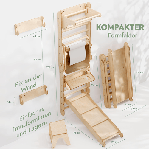 8in1 Kletterwand Indoor: Sprossenwand, Gymnastikringe, Hängende Leiter, Disc-Schaukel, Rutsche, Klimmzugstange, Maltafel und Kinderstuhl für Kinder – Beige - Kuschelkind