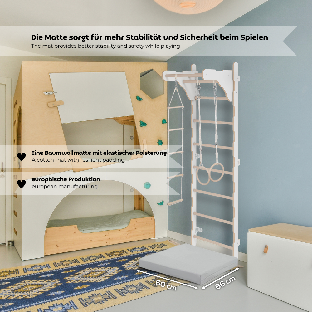 MAMOI® Gymnastik-Sprossenwand für Kinder (210 cm) | Wandmontierte Holzleiter | Kletterleiter für Kinder | Turnringe | Schutzmatte | Kletterseil | 100% ECO | Hergestellt in der EU-6