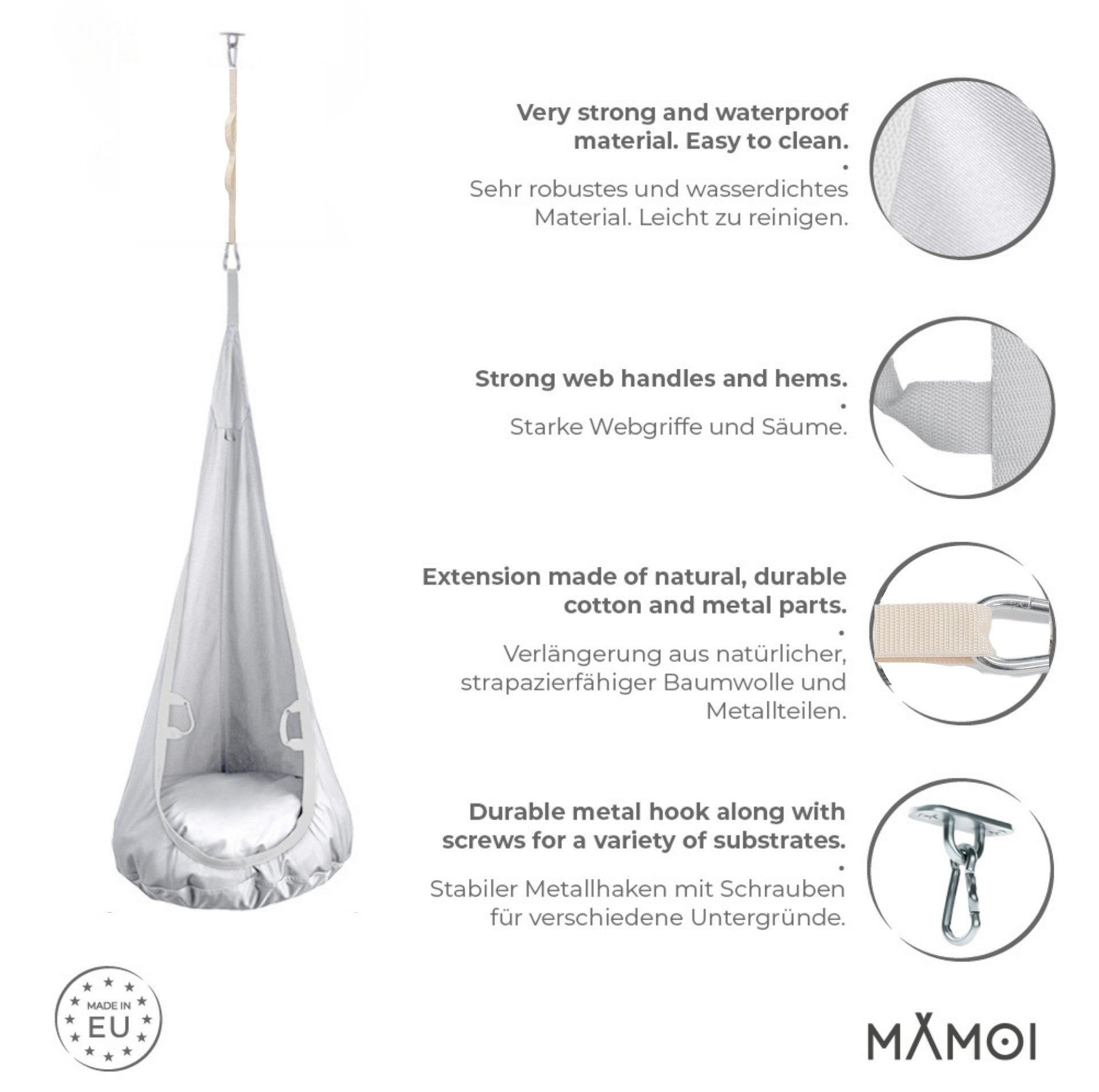MAMOI® Hängesessel für kinder, Schaukel für kinderzimmer, Hängehöhle, Hängeschaukel, Sensory swing, Schaukeltuch indoor, Hängesack, Tuchschaukel, Babyschaukel, Hängetuch-2
