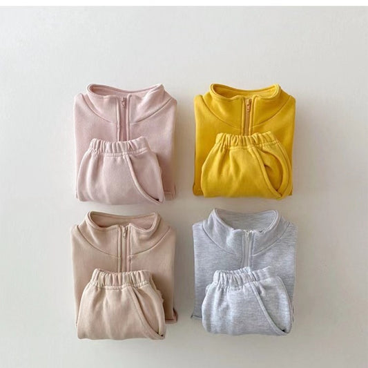 version of children's wear boys and girls autumn leisure half zipper hoodie children baby two-piece set