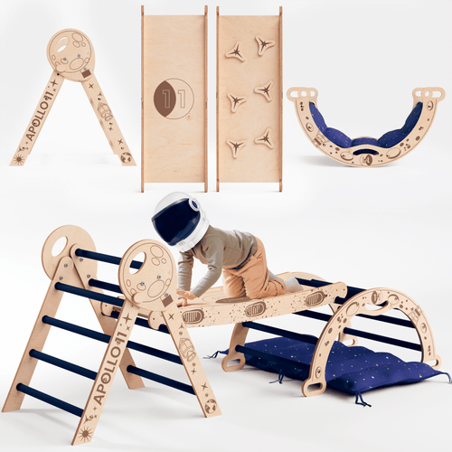 Apollo 4in1 Kletterset: Pikler-Dreieck, Kletterbogen, Rutschbrett und Kissen für kleine Kleinkind-Astronauten - Kuschelkind