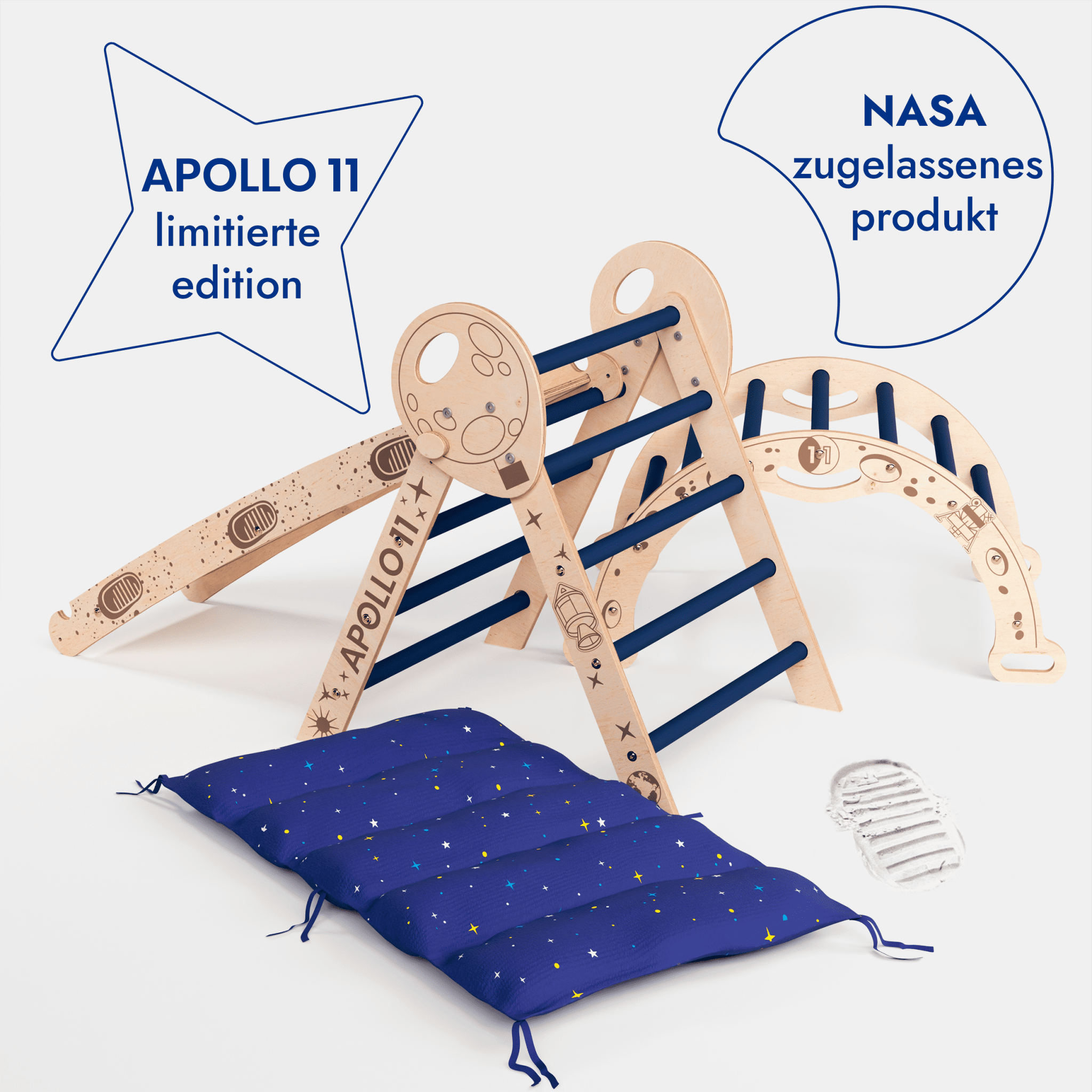 Apollo 4in1 Kletterset: Pikler-Dreieck, Kletterbogen, Rutschbrett und Kissen für kleine Kleinkind-Astronauten