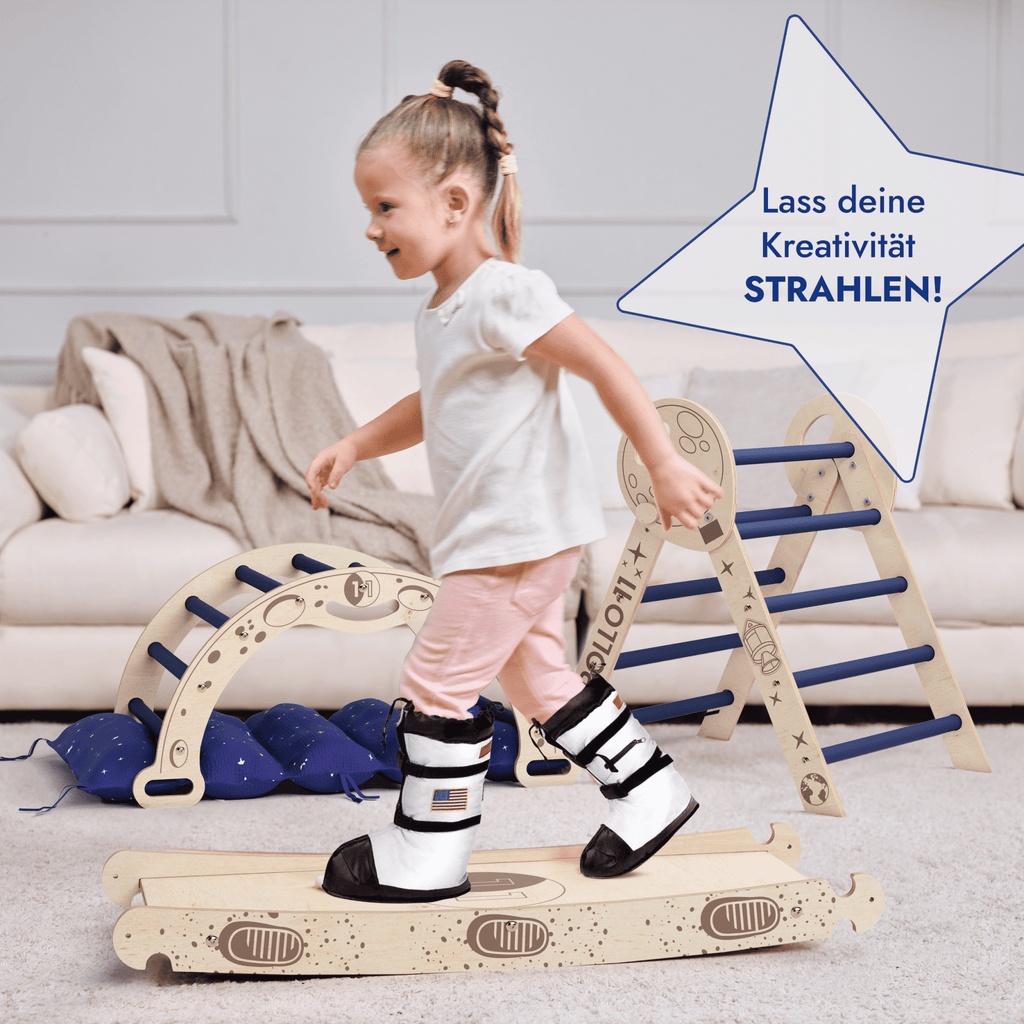 Apollo 4in1 Kletterset: Pikler-Dreieck, Kletterbogen, Rutschbrett und Kissen für kleine Kleinkind-Astronauten