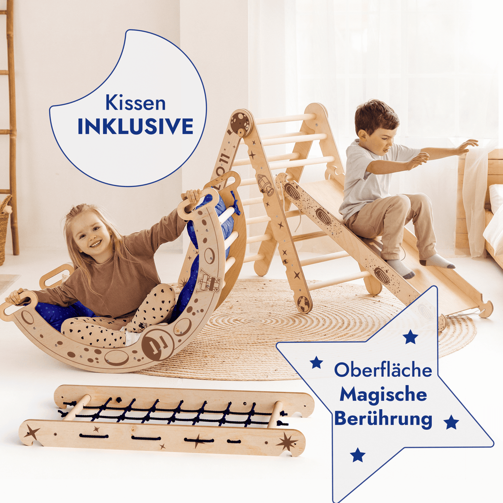 Apollo 5-in-1 Kletterset: Pikler-Dreieck, Kletterbogen, Rutschbrett, Kissen und Netz für kleine Astronauten