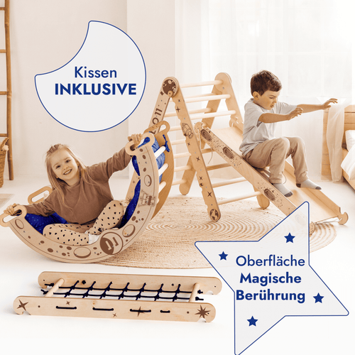 Apollo 5-in-1 Kletterset: Pikler-Dreieck, Kletterbogen, Rutschbrett, Kissen und Netz für kleine Astronauten - Kuschelkind