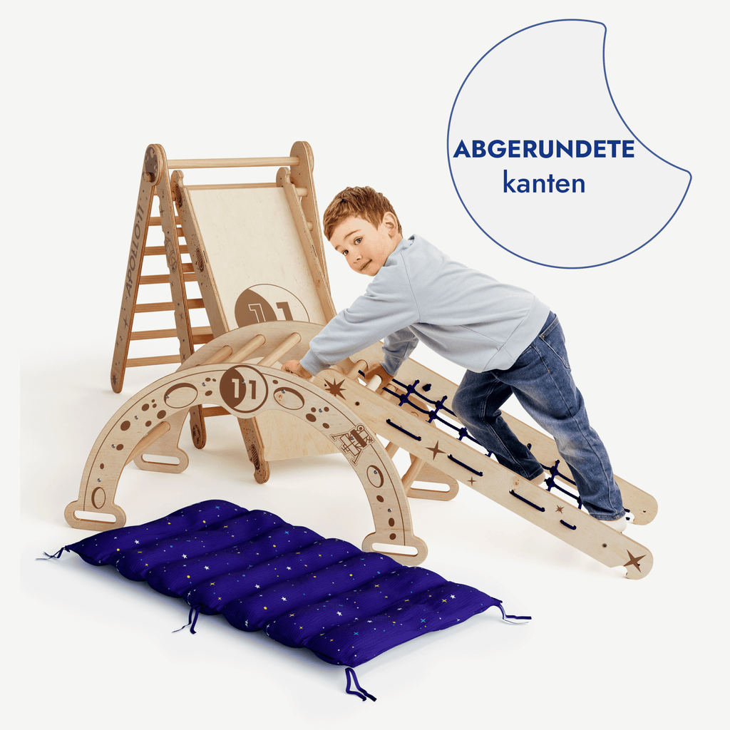 Apollo 5-in-1 Kletterset: Pikler-Dreieck, Kletterbogen, Rutschbrett, Kissen und Netz für kleine Astronauten