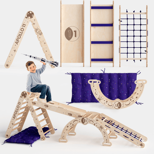 Apollo 5-in-1 Kletterset: Pikler-Dreieck, Kletterbogen, Rutschbrett, Kissen und Netz für kleine Astronauten - Kuschelkind