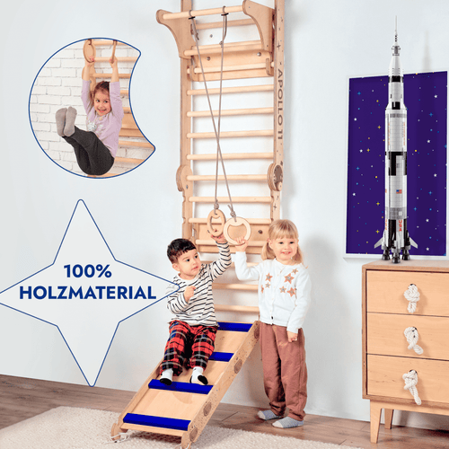 Goodevas DE Apollo Swedish wall with climbing ladder, moon swing set, and slide for kids.