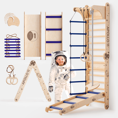 Apollo Swedish wall with climbing ladder, moon swing set, and slide for children by Goodevas DE in a playful setting.