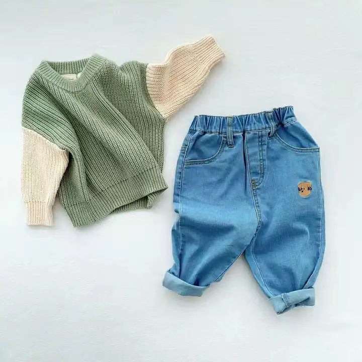 Autumn Winter Newborn Baby Boys Girls Warm Sweaters Long Sleeve Round Neck Contrast Color Loose Knitwears Sweaters Tops Clothes
