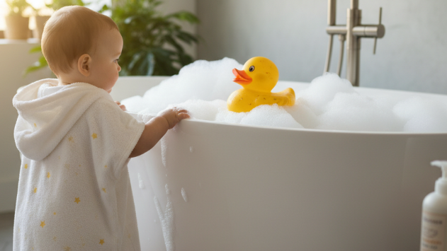 Das Baby soll vor der Badewanne stehen und die Ente soll echter aussehen. Weiterhin soll das Baby eher von der Seite oder hinten zu sehen sein