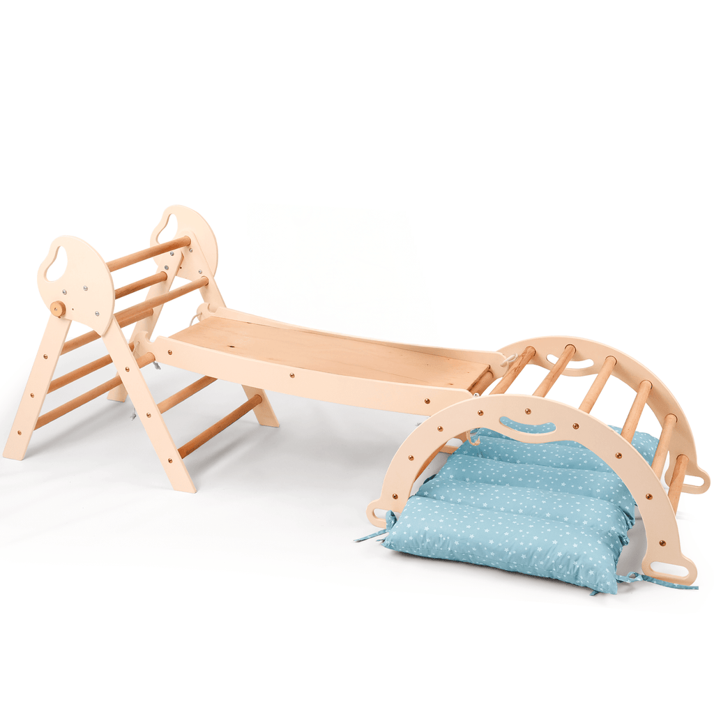 Montessori 4in1 Kletterdreieck für Babys: Pikler-Dreieck, Kletterbogen, Rutschbrett und Kissen für Kleinkinder (1–3 Jahre) - Kuschelkind