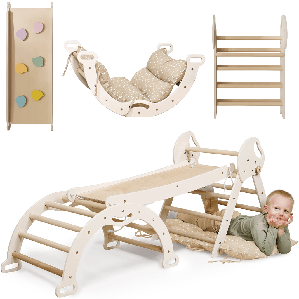 Montessori 4in1 Kletterdreieck für Babys: Pikler-Dreieck, Kletterbogen, Rutschbrett und Kissen für Kleinkinder (1–3 Jahre) - Kuschelkind