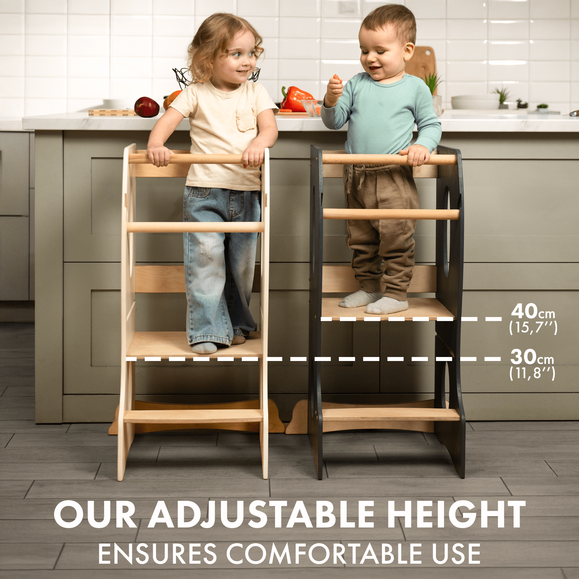 Stabiler Montessori Lernturm: Mitwachsender Kinderstuhl aus Holz – Elfenbein