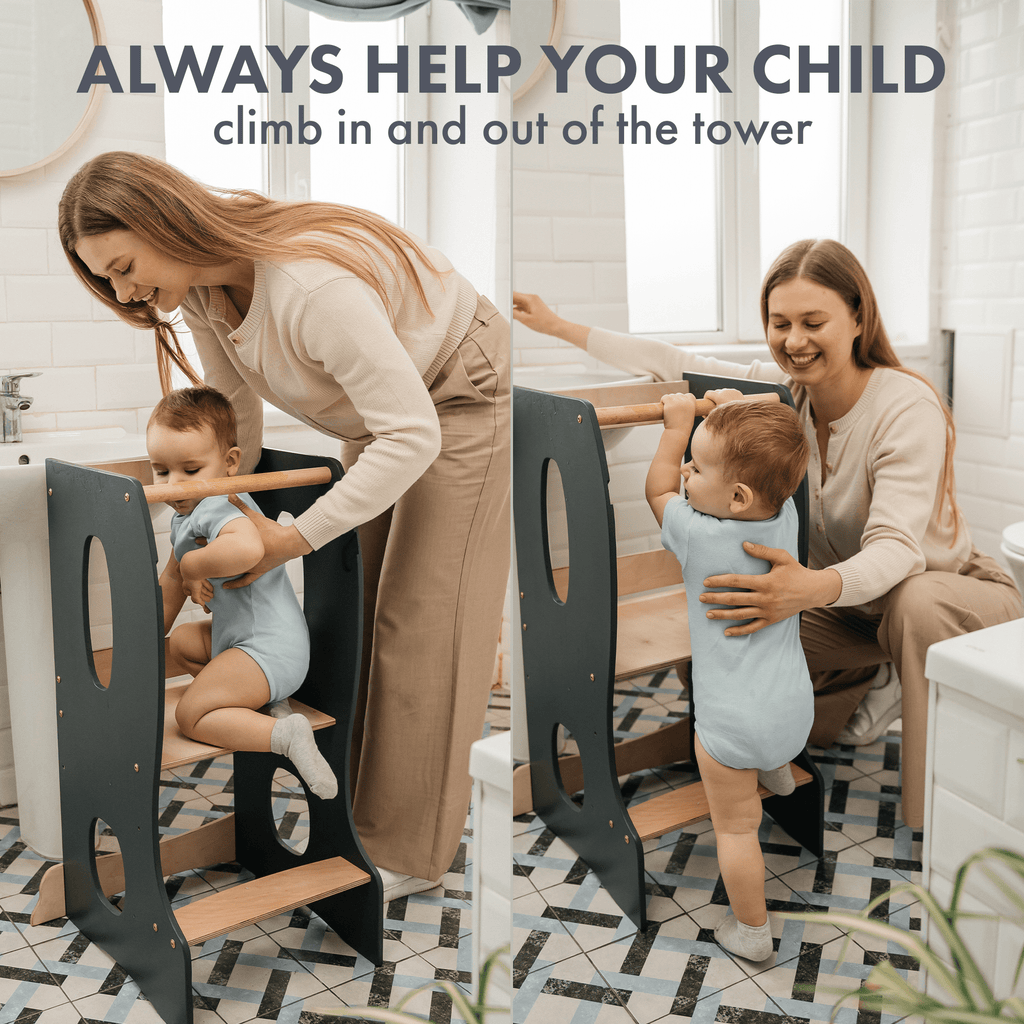 Stabiler Montessori Lernturm: Mitwachsender Kinderstuhl aus Holz – Grau